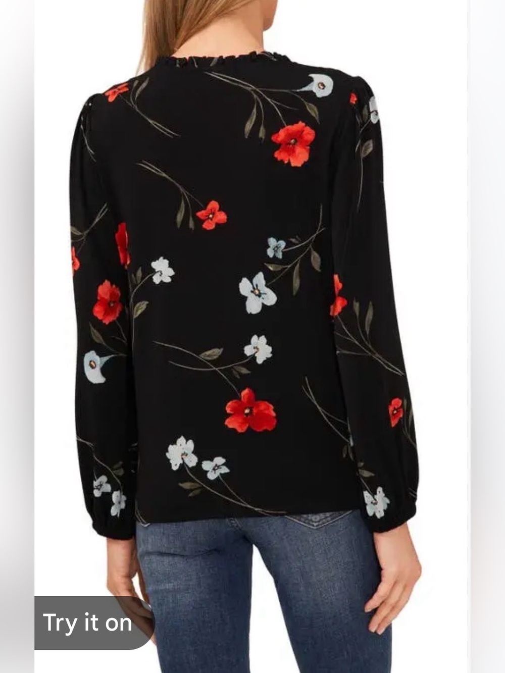 CeCe Black Floral Long-Sleeve Blouse with Red & White Blooms